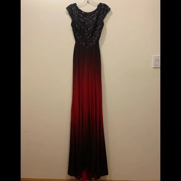 red and black ombre prom dress Alex Evenings Petite Long Sleeveless Ombre Glitter Mesh Dress with Cowl Neckline and Cascade Detail Skirt WINE MULTI / 14P main image 0